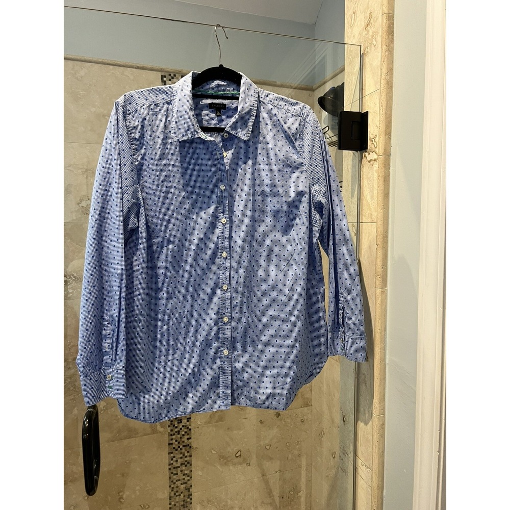 Talbots Woman Blue White Polka Dot Gingham Button Up Blouse 100% Cotton XL